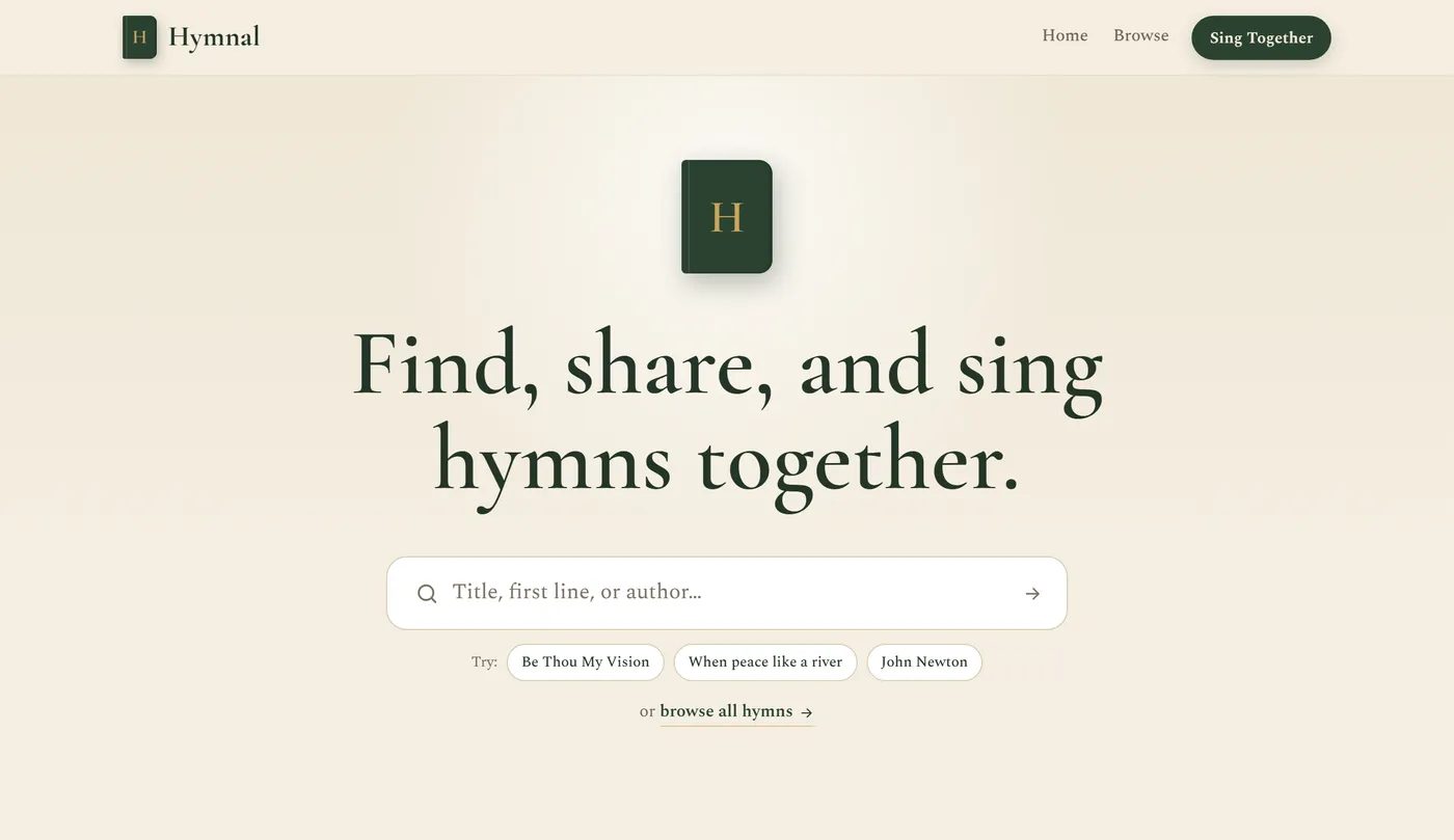 Screenshot of the Hymnal home page
